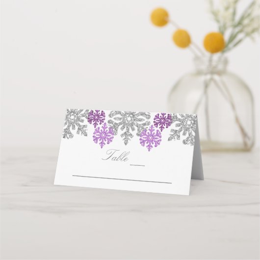 シルバーパープルスノーフレーク冬の結婚式 プレイスカード (正面)