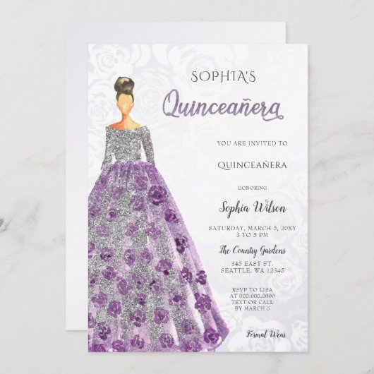 シルバーパープルスパークルドレスキンセアニェラ 招待状 (正面/裏面)