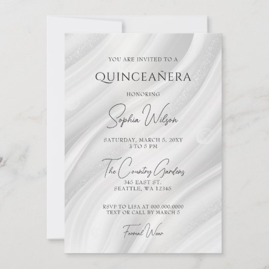 シルバーパープルスパークルドレスキンセアニラクインンス 招待状 (裏面)