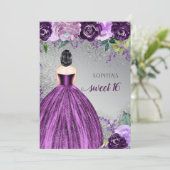 シルバーパープルスパークルドレス甘い16誕生日インビ 招待状 (スタンド正面)