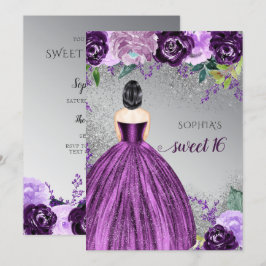 シルバーパープルスパークルドレス甘い16誕生日インビ 招待状