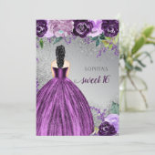 シルバーパープルスパークルドレス甘い16誕生日インビ 招待状 (スタンド正面)