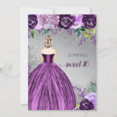 シルバーパープルスパークルドレス甘い16誕生日 招待状 (正面)