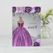 シルバーパープルスパークルドレス甘い16誕生日 招待状 (スタンド正面)