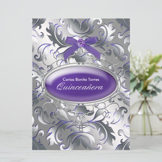 シルバーパープルダマスクパープルエレガントキンセアニェラ 招待状 (スタンド正面)