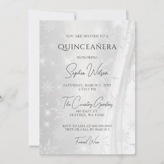 シルバーパープルドレスウィンタースノーフレークキンセアニラ 招待状 (裏面)