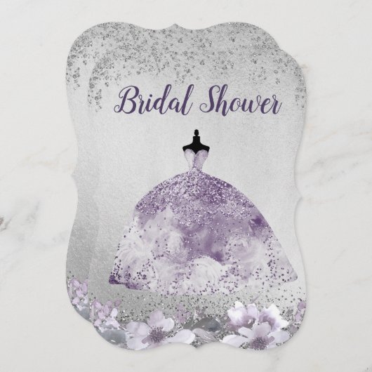 シルバーパープルドレスフローラブライダルシャワー招待状 招待状 (正面/裏面)