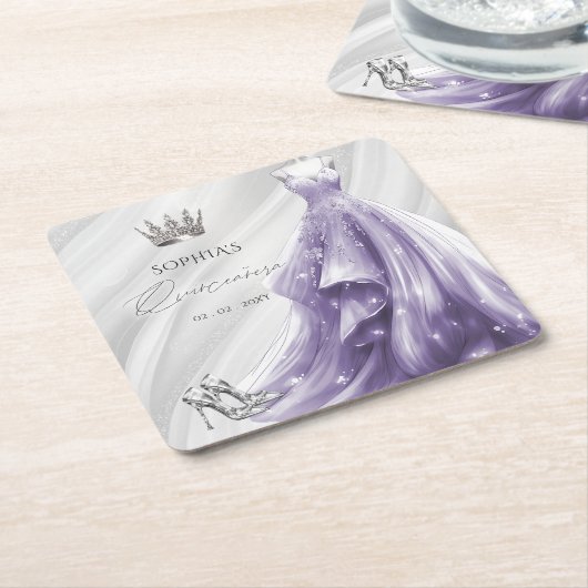 シルバーパープルドレスプリンセスキンセアニラ スクエアペーパーコースター (アングル)