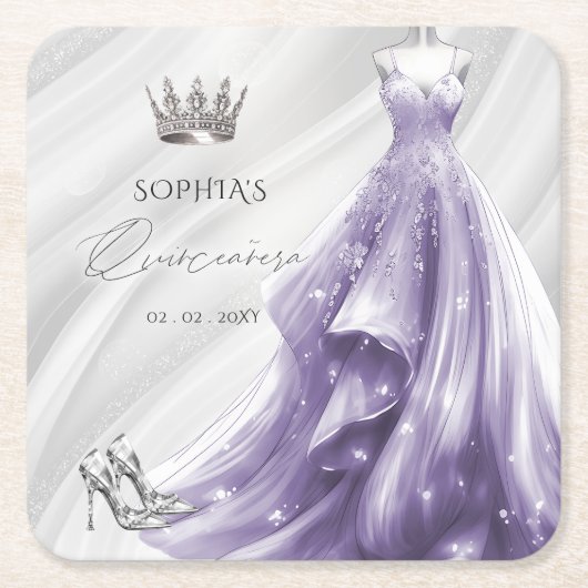シルバーパープルドレスプリンセスキンセアニラ スクエアペーパーコースター (正面)
