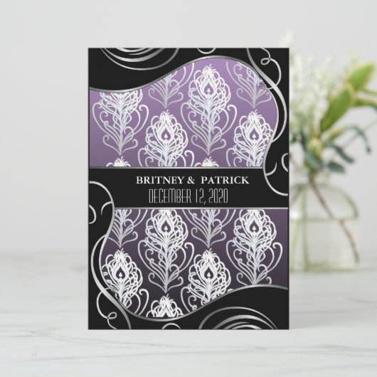 シルバーパープルピーコックフェザー結婚式招待状 招待状 (スタンド正面)