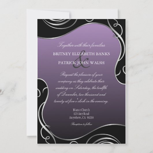 シルバーパープルピーコックフェザー結婚式招待状 招待状 (裏面)