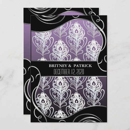 シルバーパープルピーコックフェザー結婚式招待状 招待状 (正面/裏面)