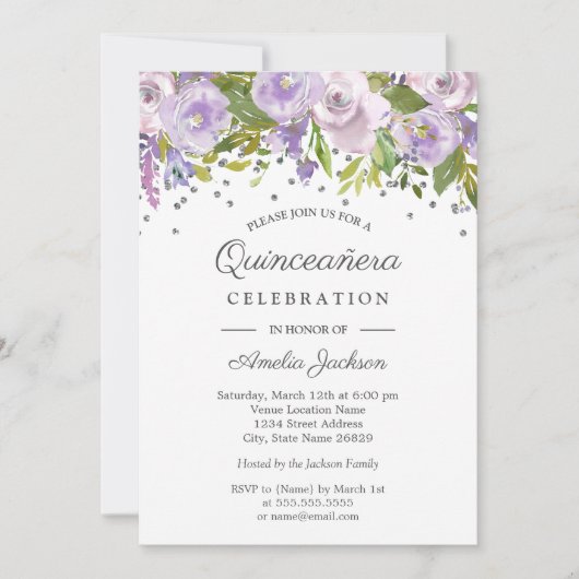 シルバーパープルフローラウォーターカラーキンセアニェラ招待状 招待状 (正面)