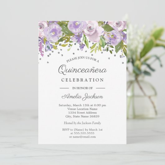 シルバーパープルフローラウォーターカラーキンセアニェラ招待状 招待状 (スタンド正面)