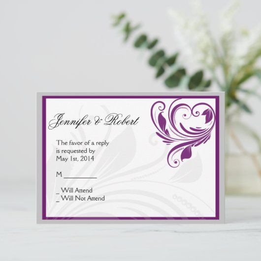 シルバーパープルフローラハートスクロール応答カード 出欠カード (スタンド正面)