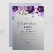 シルバーパープルフローラ写真卒業パーティー 招待状 (正面/裏面)