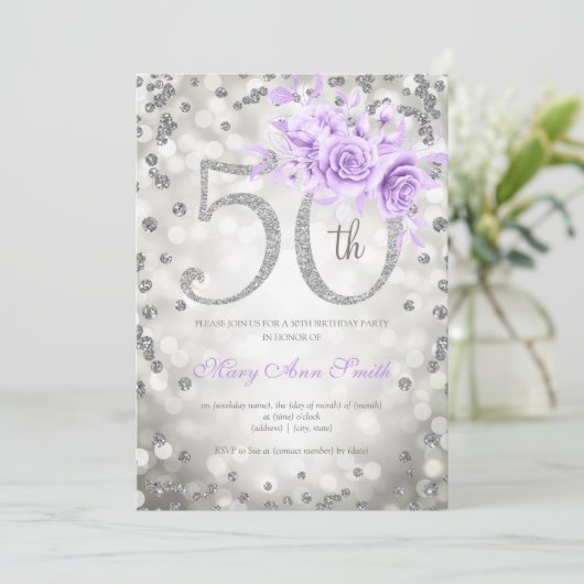 シルバーパープルフローラ50誕生日グラムライト 招待状 (スタンド正面)