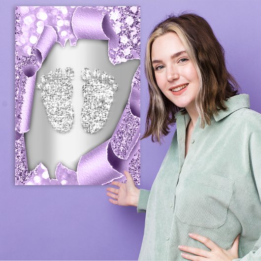 シルバーパープルベビーシャワー足ボーイガール3dエフェクト 招待状