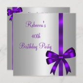 シルバーパープルボウ40thエレガントな誕生日パーティー 招待状 (正面/裏面)