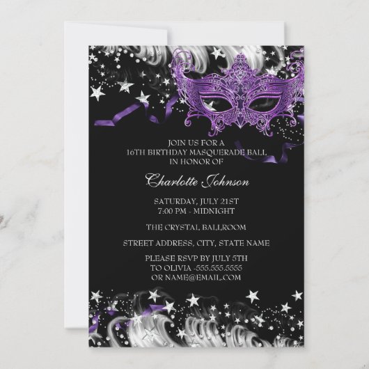 シルバーパープルマスクスターナイトマスカレード甘い16 招待状 (裏面)