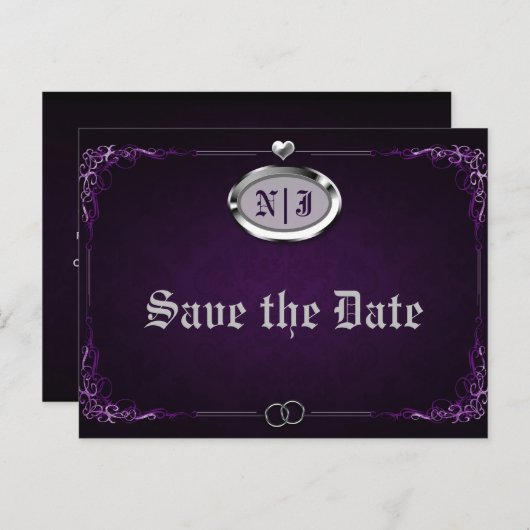 シルバーパープルヴィンテージゴシック結婚式の日付を保存 案内ポストカード (正面/裏面)