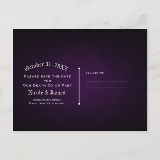 シルバーパープルヴィンテージゴシック結婚式の日付を保存 案内ポストカード (裏面)