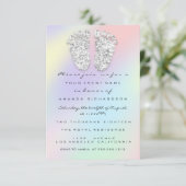 シルバーパープル赤ちゃんシャワー足ボーイガール3dホログラフィー 招待状 (スタンド正面)