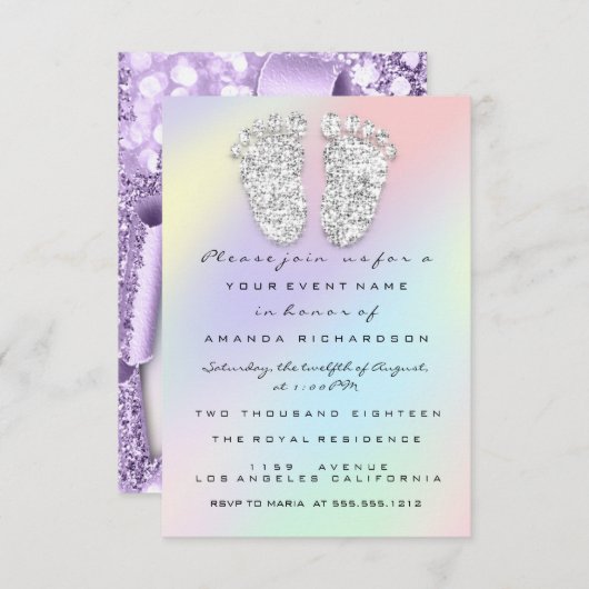 シルバーパープル赤ちゃんシャワー足ボーイガール3dホログラフィー 招待状 (正面/裏面)