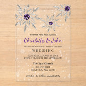 シルバーパープル雪の結晶ウィンターウェディング アクリル招待状 (正面)