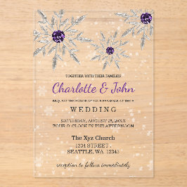 シルバーパープル雪の結晶ウィンターウェディング アクリル招待状