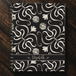 シルバーパールフローラダマスクサンフラワークラスブラック ノートブック