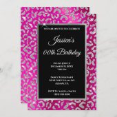 シルバーヒョウグリッターホットピンクフォイル誕生日 招待状 (正面/裏面)
