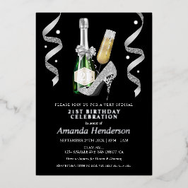 シルバーヒール&シャンパンウィメンズ誕生日 箔招待状