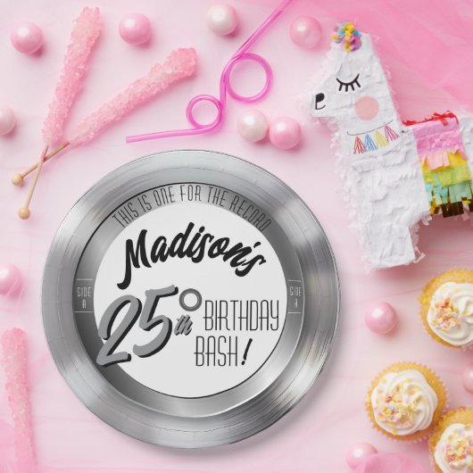 シルバービニールレコード25thバースデーパーティードコール ペーパープレート (パーティー)