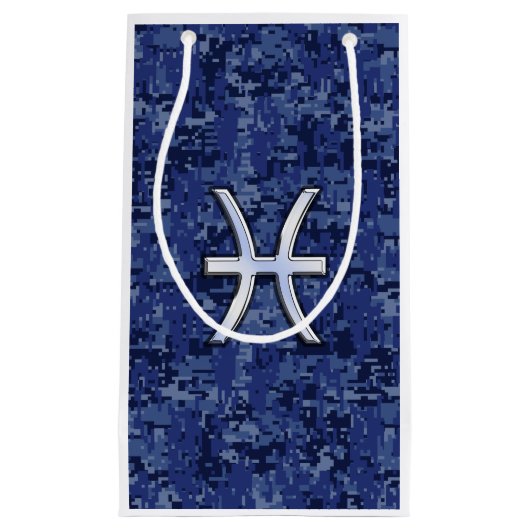 シルバーピセス〔占星術の〕十二宮図シンボルネイビーブルーデジタル迷彩柄 スモールペーパーバッグ (正面)