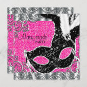 シルバーピンクとブラックマスクマスカレードパーティー 招待状 (正面/裏面)