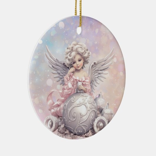 シルバーピンクのクリスマスエンジェルガール セラミックオーナメント (右)