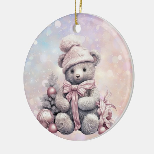 シルバーピンクのクリスマスクリスマステディベア孫娘 セラミックオーナメント (左)