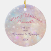 シルバーピンクのクリスマスクリスマステディベア孫娘 セラミックオーナメント (裏面)