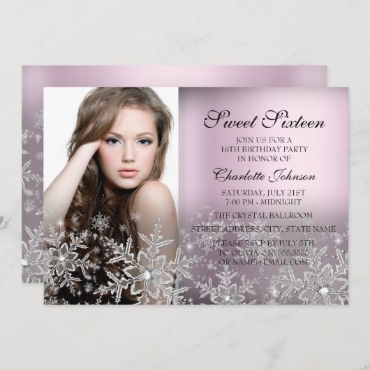 シルバーピンクのスパークルスノーフレーク写真Sweet 16 招待状 (正面/裏面)