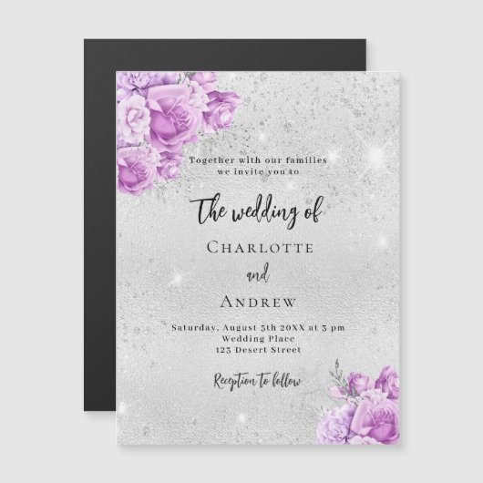 シルバーピンクのスミレの花の豪華結婚性の マグネット招待状 (正面/裏面)