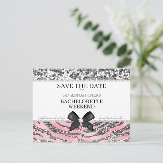シルバーピンクのバチェロレッテ週末の日付を保存 案内ポストカード (スタンド正面)