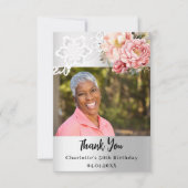 シルバーピンクのフローラレースの誕生日の写真 サンキューカード (正面)
