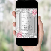 シルバーピンクのホワイトフローララグジュアリーウェディングレセプション 招待状