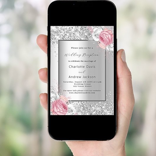 シルバーピンクのホワイトフローララグジュアリーウェディングレセプション 招待状