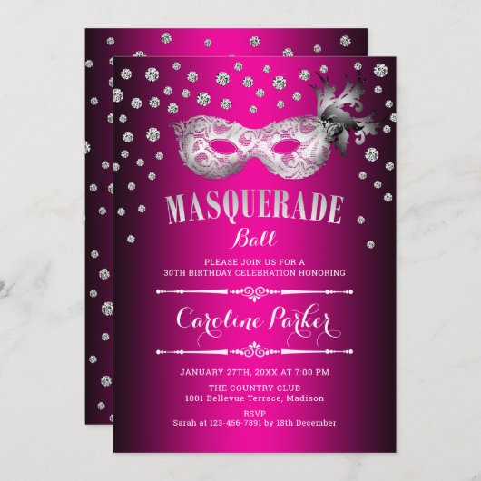 シルバーピンクの仮装ボール誕生日パーティー 招待状 (正面/裏面)