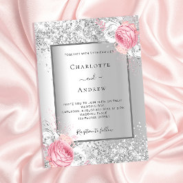 シルバーピンクの白い花模様エレガントな結婚式 インビテーションポストカード