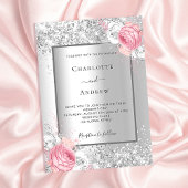 シルバーピンクの白い花模様エレガントな結婚式 インビテーションポストカード