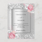 シルバーピンクの白い花模様エレガントな結婚式 インビテーションポストカード (正面)
