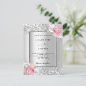 シルバーピンクの白い花模様エレガントな結婚式 インビテーションポストカード (スタンド正面)
